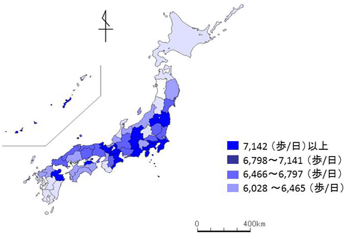 図２　都道府県別歩数の平均値　女性（20〜64歳）
