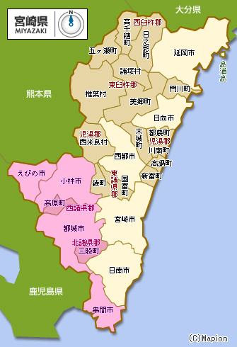 都城年金事務所の管轄区域（ピンク色の区域）。